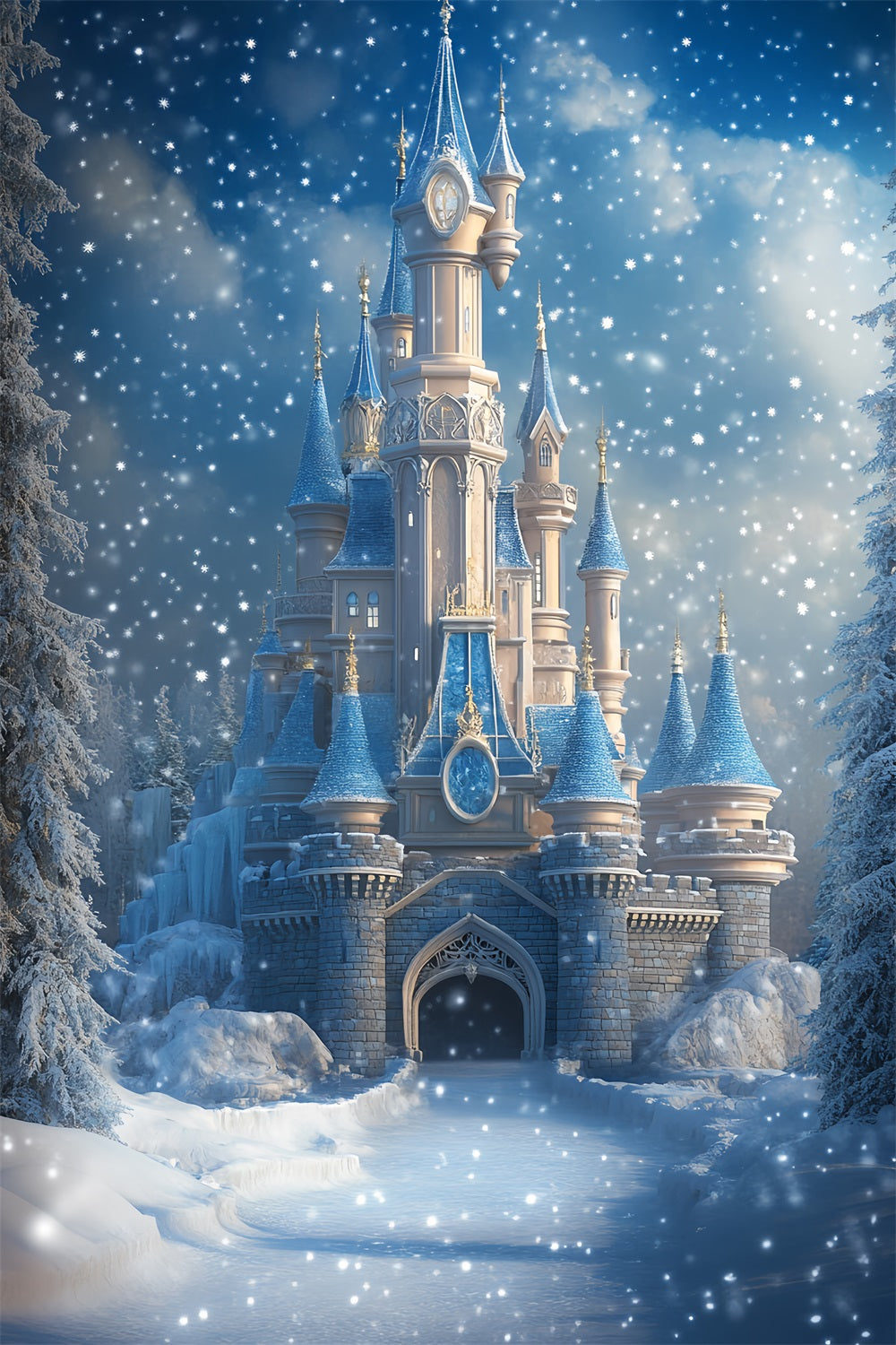 Frozen Castle Backdrop Winter Falling Snow Backdrop UK CSH4-323