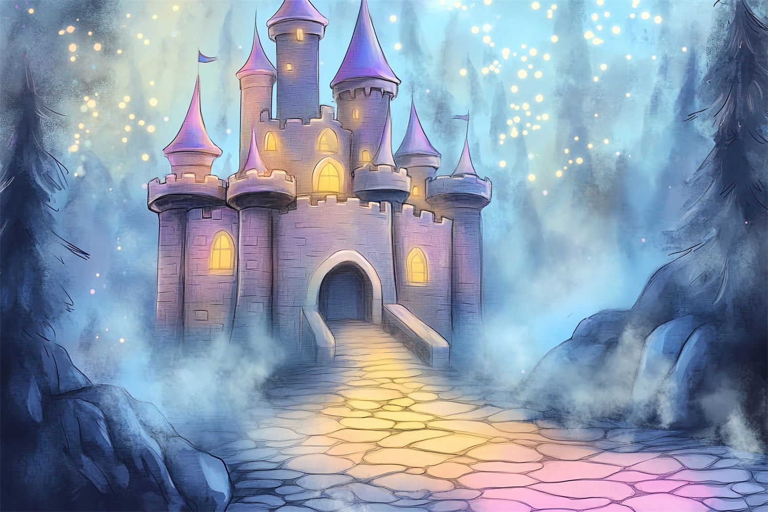 Castle Backdrop Magical Night Misty Forest Backdrop UK CSH4-335