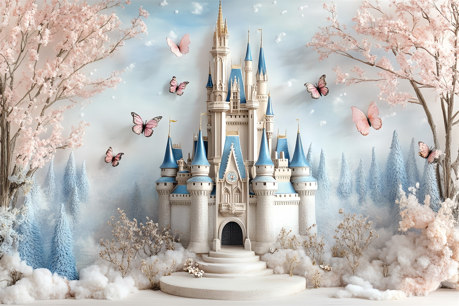 Castle Photo Backdrop Garden Floral Clouds Backdrop UK CSH4-337