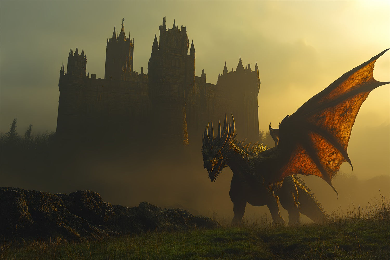 Castle Photo Backdrop Flying Dragon Battle Backdrop UK CSH4-340