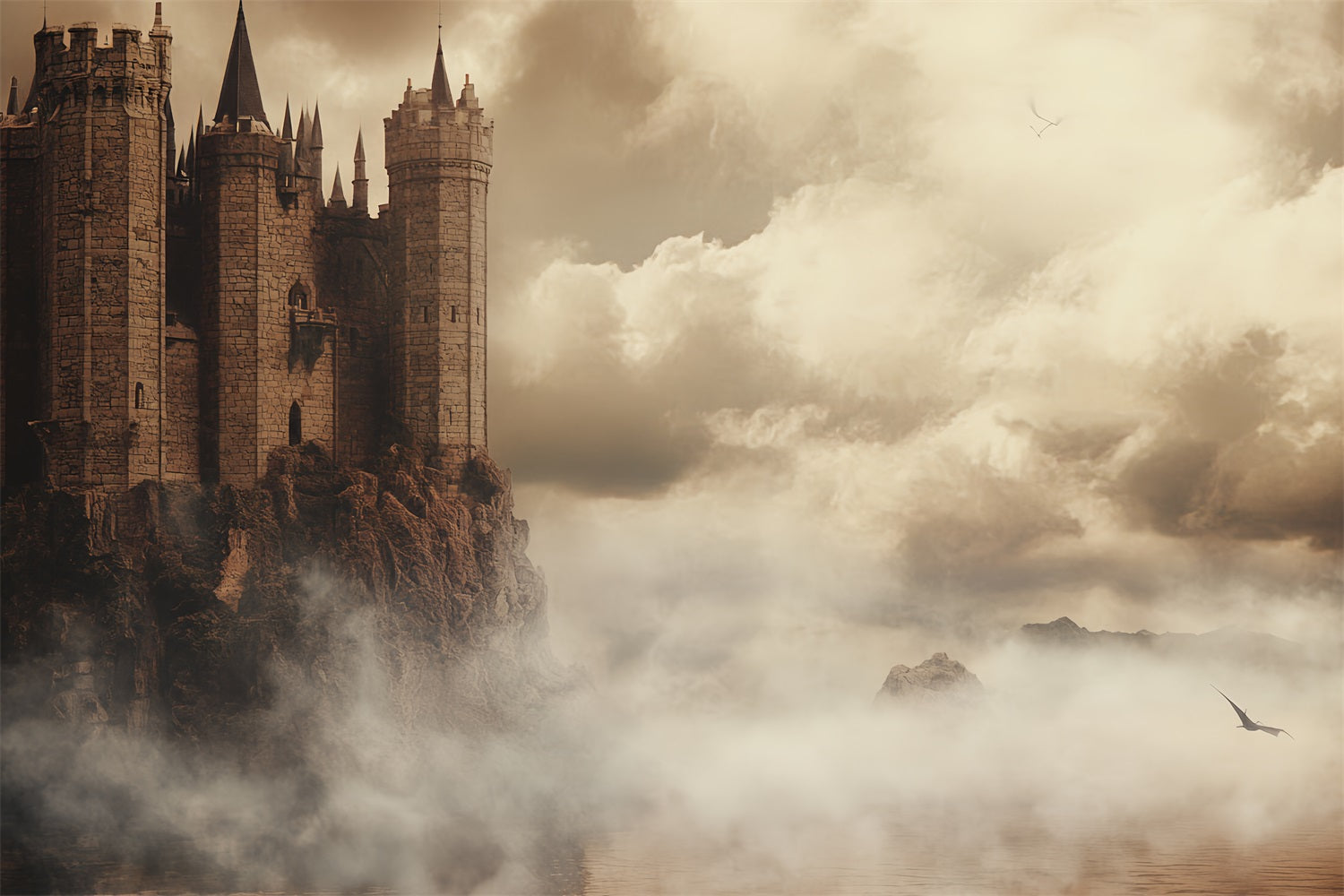 Castle Photo Backdrop Foggy Ocean Cliffs Backdrop UK CSH4-342