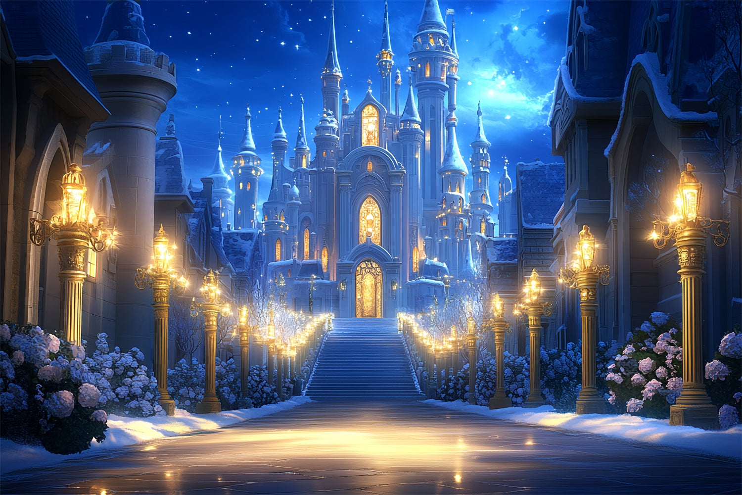 Winter Castle Backdrop Starry Night Fairytale Snow Backdrop UK CSH4-346