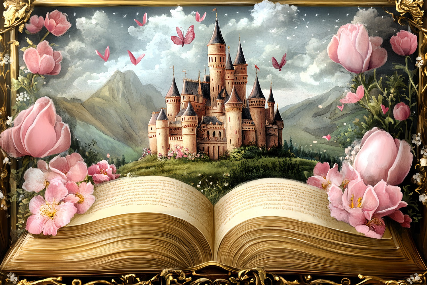 Princess Castle Backdrop Floral Story Scene Backdrop UK CSH4-348