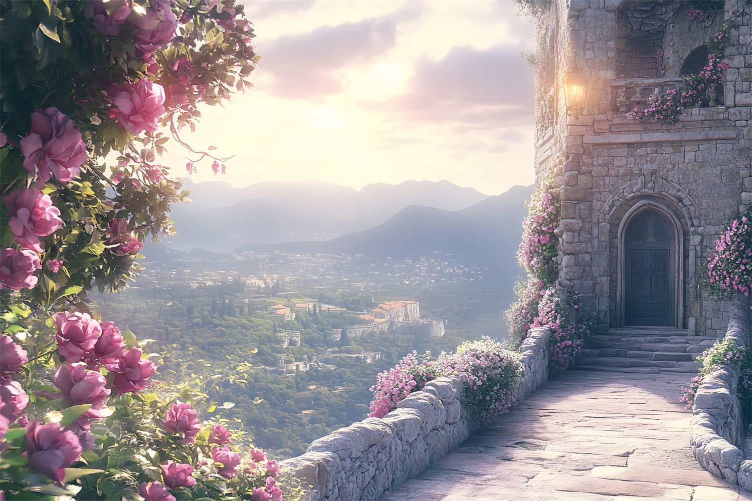 Castle Wall Backdrop Fairytale Trail of Flowers Backdrop UK CSH4-356