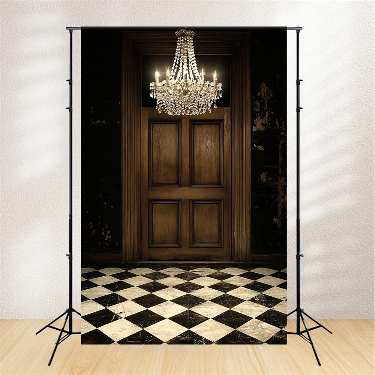 Retro Photo Backdrop Chandelier Wooden Door Vintage Backdrop UK CSH4-393