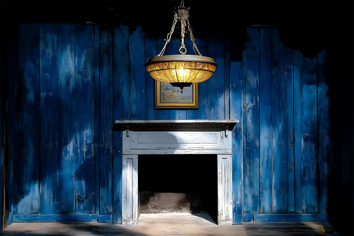 Retro Backdrop Blue Wooden Wall Fireplace Vintage Backdrops UK CSH4-398