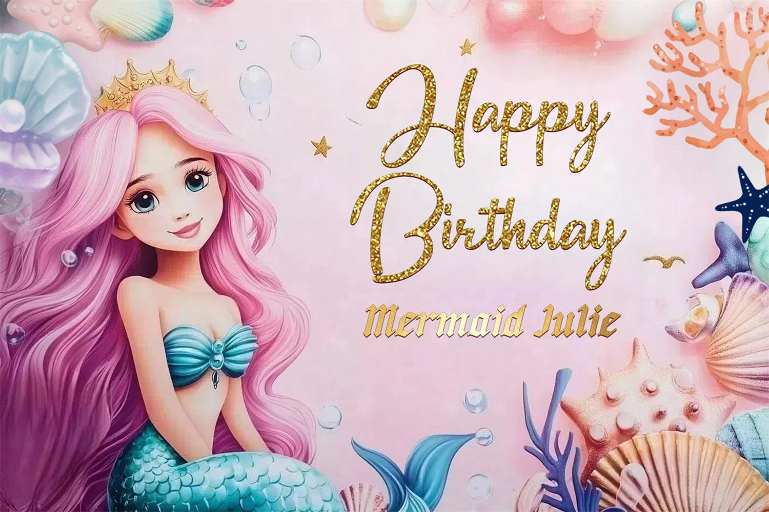 Customized Backdrop For Birthday Crown Mermaid Girl Backdrop UK CSH4-4