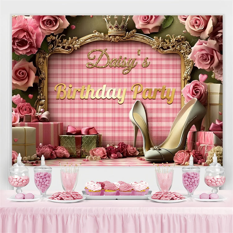 Personalized 50th Birthday Backdrop Heels Roses Crown Backdrop UK CSH4-63
