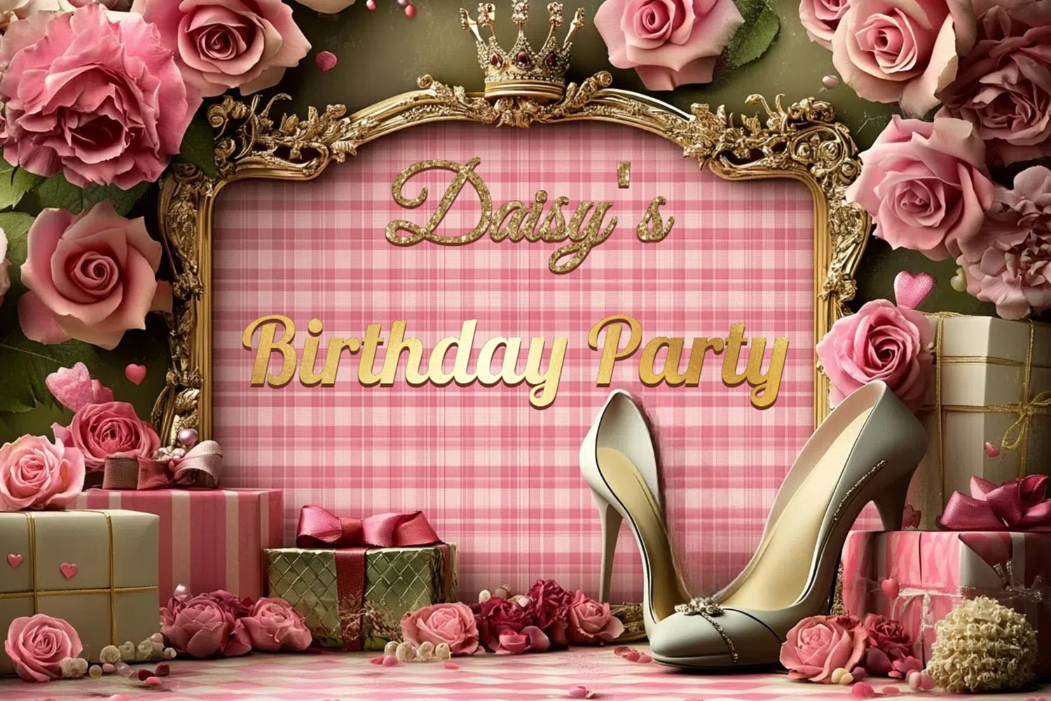 Personalized 50th Birthday Backdrop Heels Roses Crown Backdrop UK CSH4-63