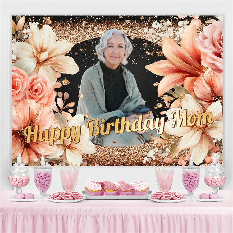 Personalized 70th Birthday Backdrop Glittering Floral Backdrop UK CSH4-64