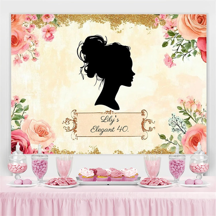 Personalized 40th Birthday Backdrop Lady Silhouette Roses Backdrop UK CSH4-65
