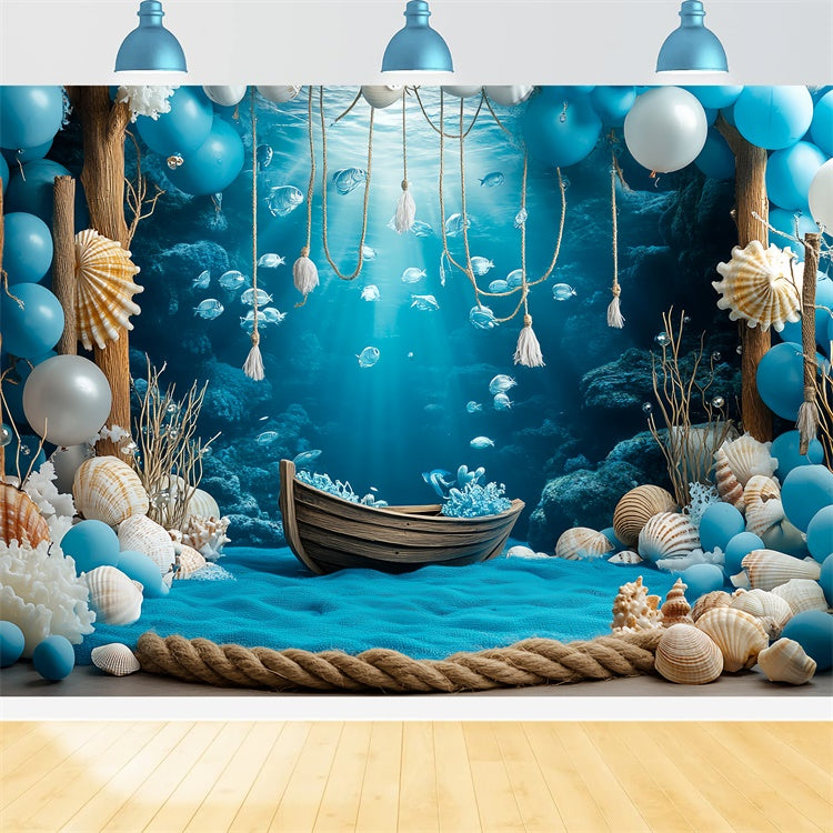 Underwater Backdrop Blue Coral Wooden Boat Summer Backdrop UK CSH5-105