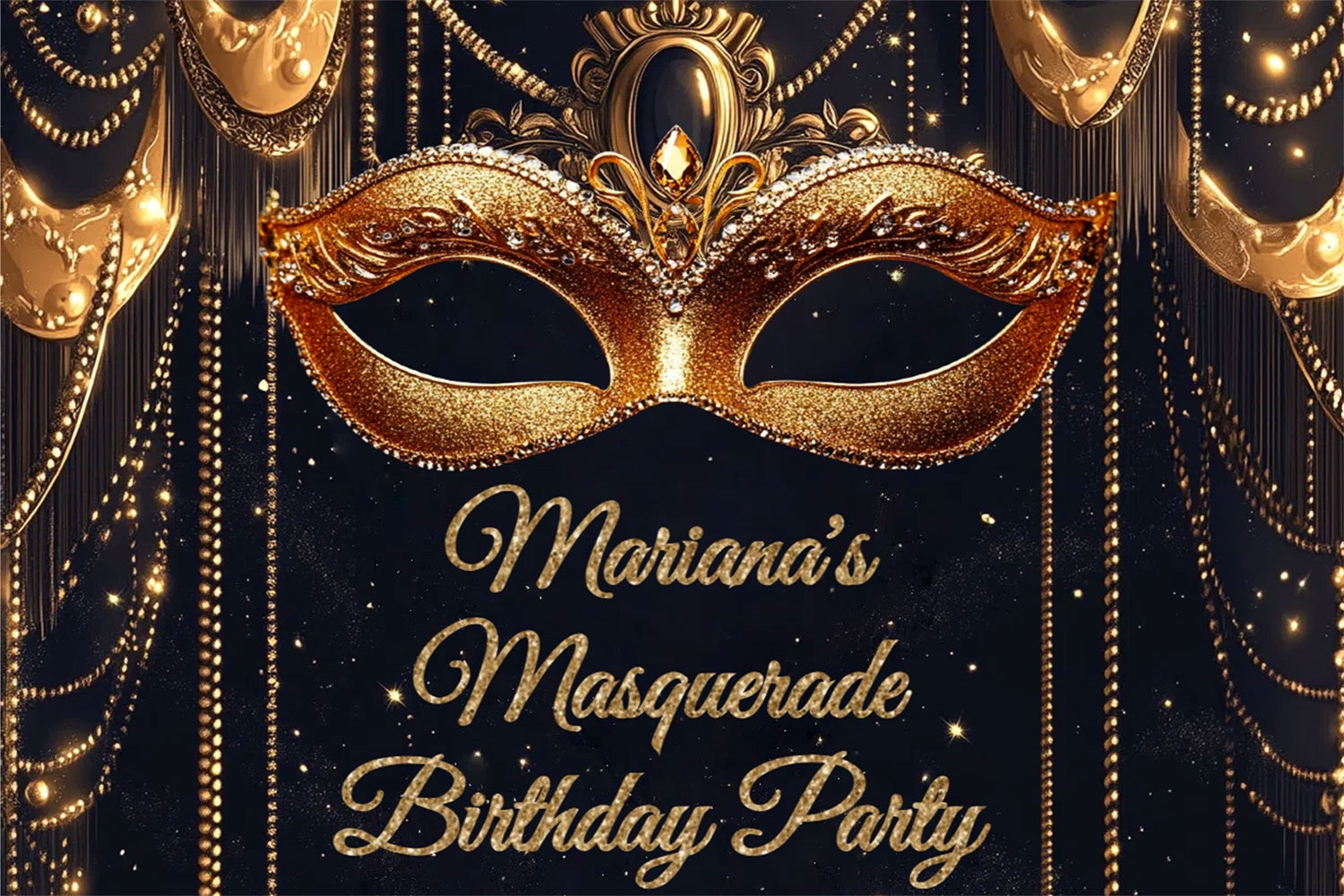 Masquerade Party Backdrop Gold Sparkling Mask Custom Birthday Backdrop UK CSH5-255