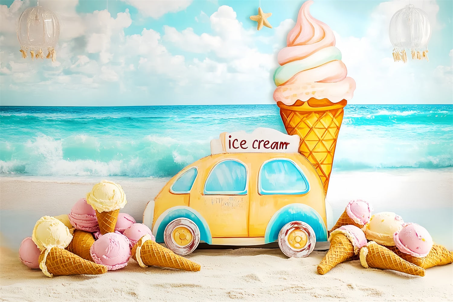 Summer Beach Backdrop Seaside Ice Cream Dreams Kids Backdrop UK CSH5-305