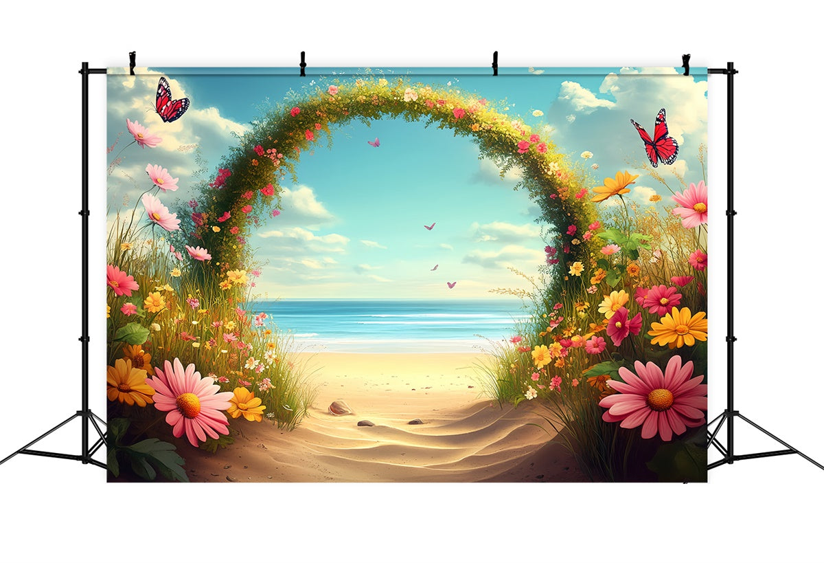 Beach Photo Backdrop Flowers Butterflies Summer Backdrop UK CSH5-80