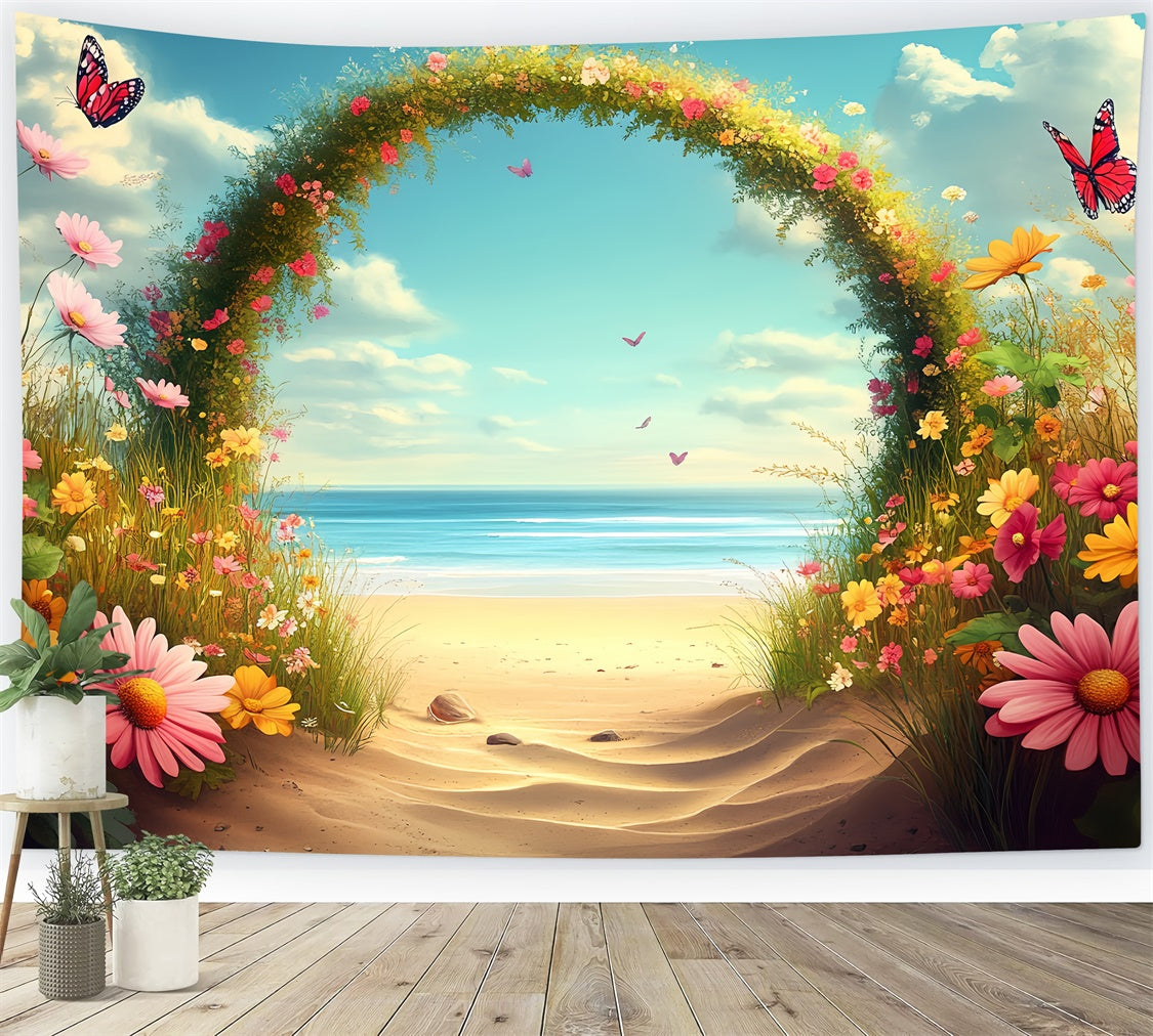 Beach Photo Backdrop Flowers Butterflies Summer Backdrop UK CSH5-80