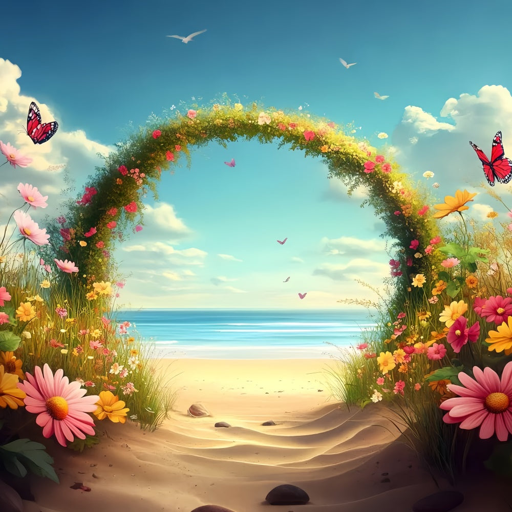 Beach Photo Backdrop Flowers Butterflies Summer Backdrop UK CSH5-80