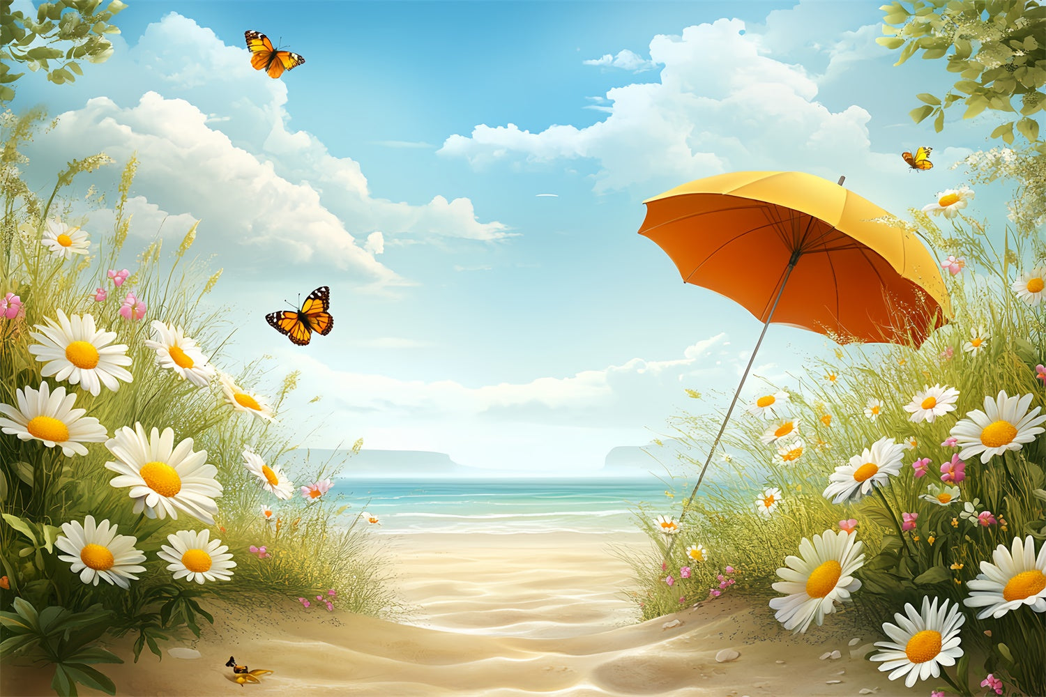 Summer Beach Backdrop Bright Beach Blossoms Sky Backdrop UK CSH5-81
