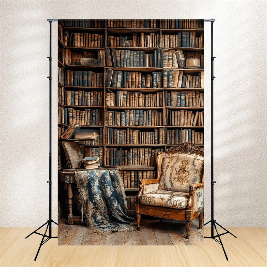 Bookshelf Backdrop Vintage Library Armchair Bookshelf School Photo Backdrops UK CSH58-119