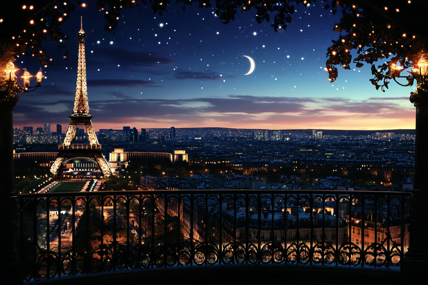 Eiffel Tower Backdrop Romantic Starry Night Paris Photo Backdrop UK CSH58-12