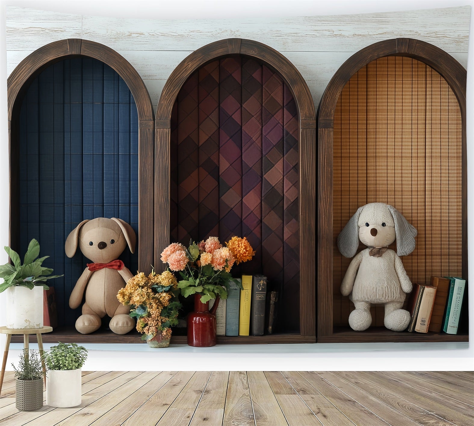 Bookshelf Backdrop Arched Shelf Plush Toys Books Back to School Backdrop UK CSH58-121