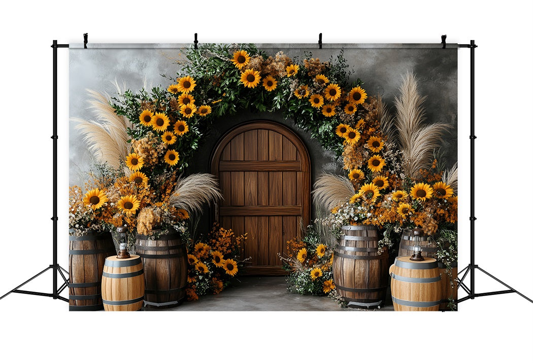 Sunflower Backdrop Wood Door Barrel Rustic Arch Thanksgiving Backdrop Ideas UK CSH58-127