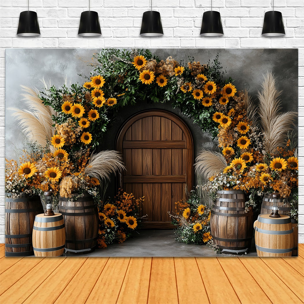 Sunflower Backdrop Wood Door Barrel Rustic Arch Thanksgiving Backdrop Ideas UK CSH58-127