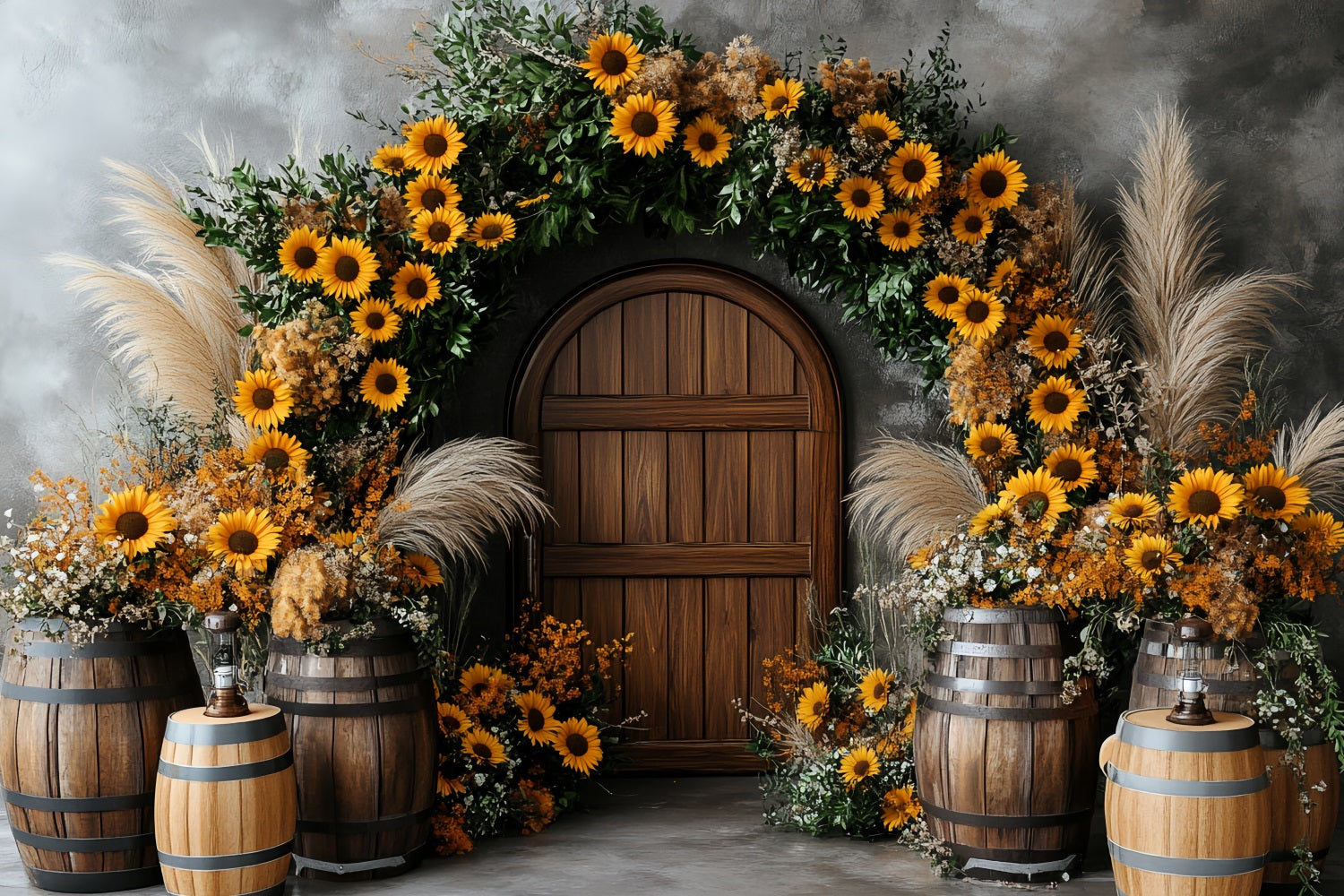 Sunflower Backdrop Wood Door Barrel Rustic Arch Thanksgiving Backdrop Ideas UK CSH58-127