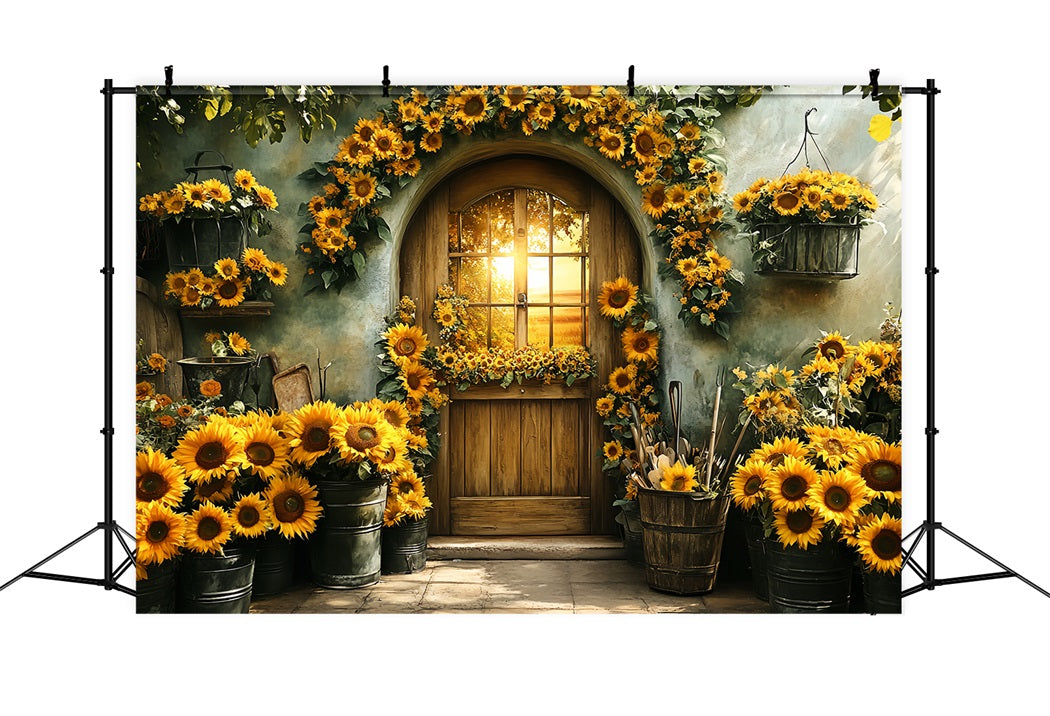 Sunflower Backdrop Garden Wood Door Sunset Backdrop For Thanksgiving UK CSH58-129