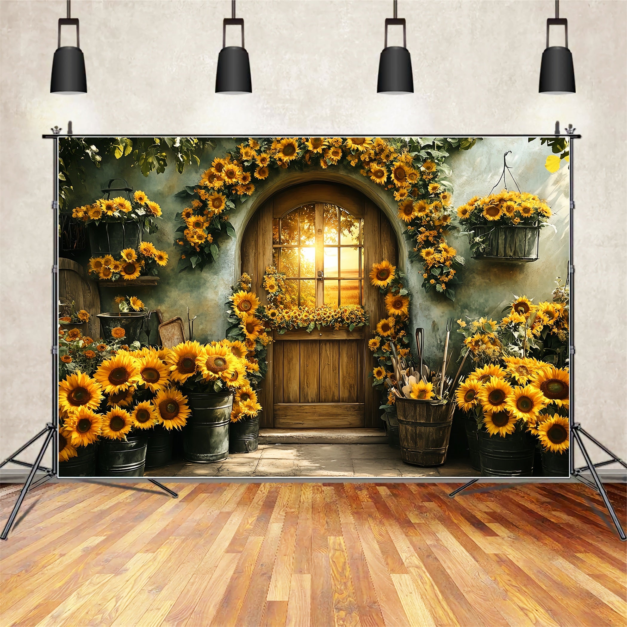 Sunflower Backdrop Garden Wood Door Sunset Backdrop For Thanksgiving UK CSH58-129