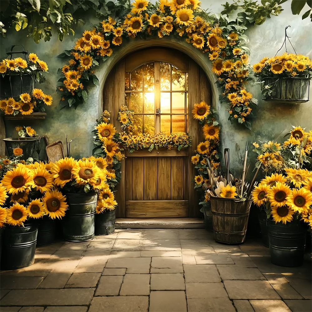 Sunflower Backdrop Garden Wood Door Sunset Backdrop For Thanksgiving UK CSH58-129