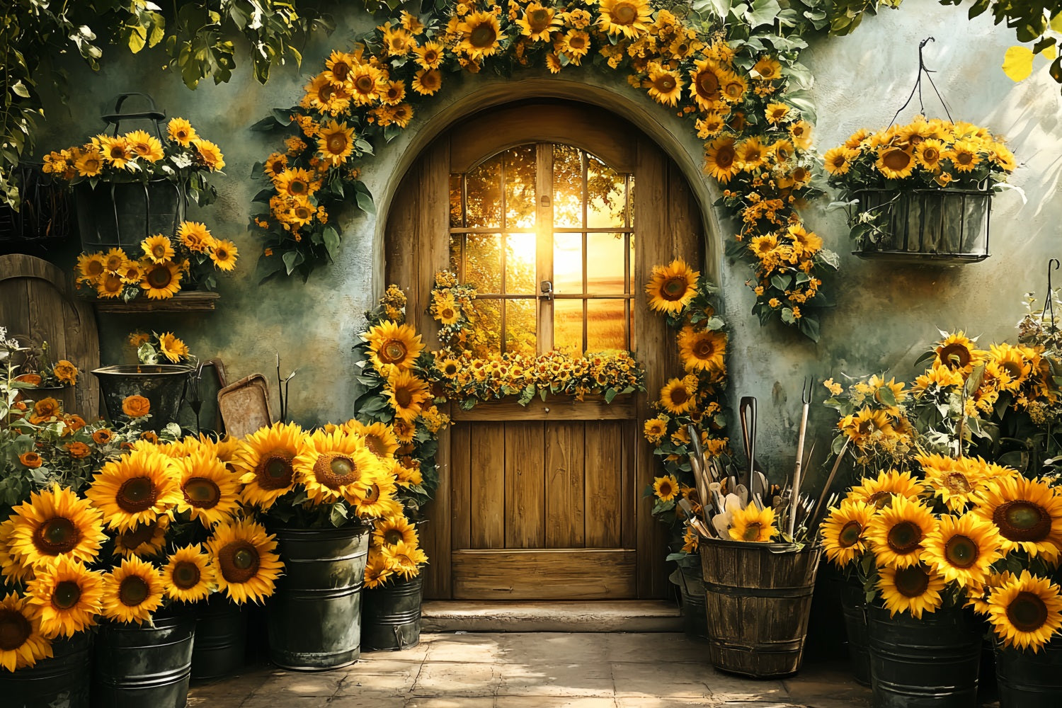 Sunflower Backdrop Garden Wood Door Sunset Backdrop For Thanksgiving UK CSH58-129