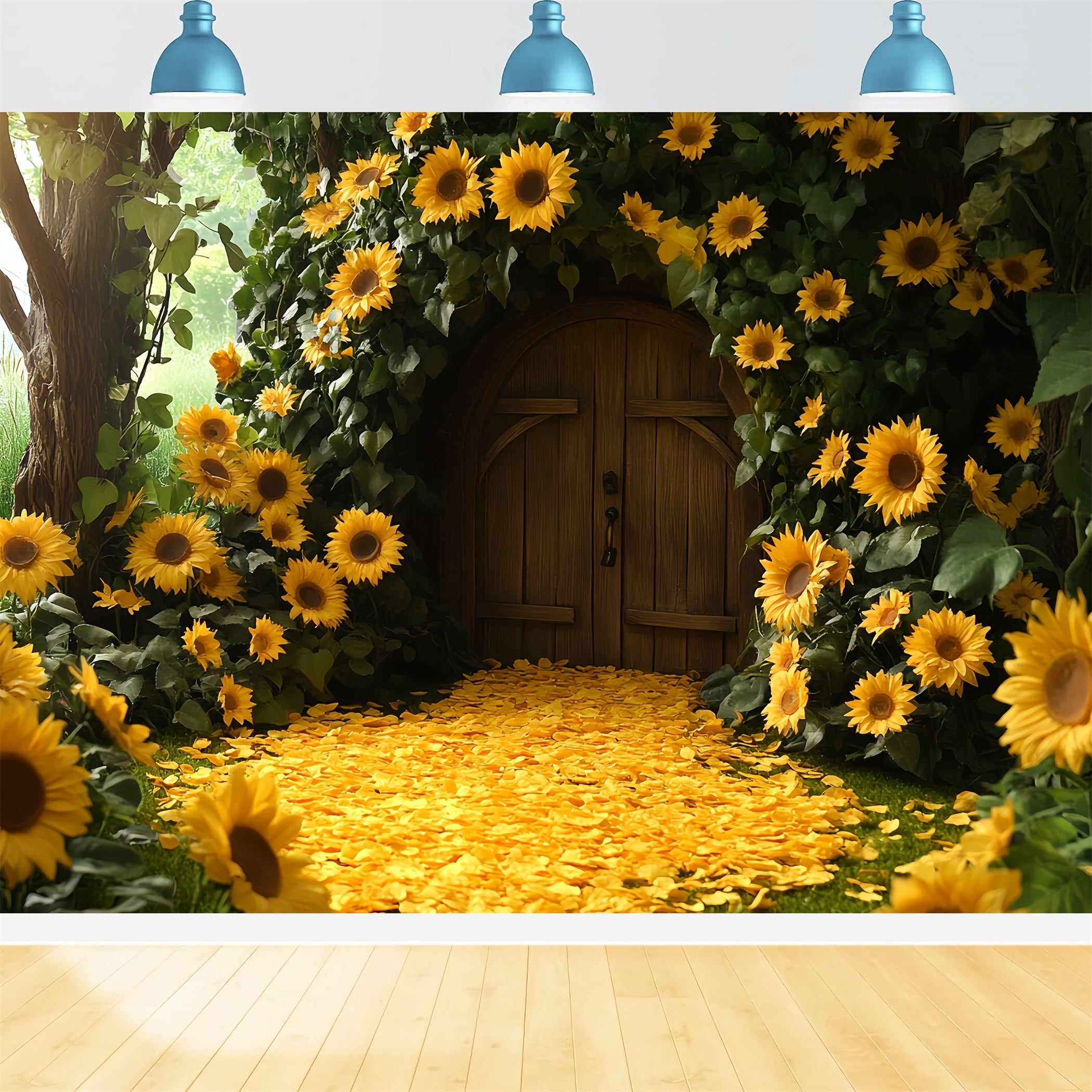 Sunflower Backdrop Cabin Doorway Petal Path Happy Thanksgiving Backdrop UK CSH58-130