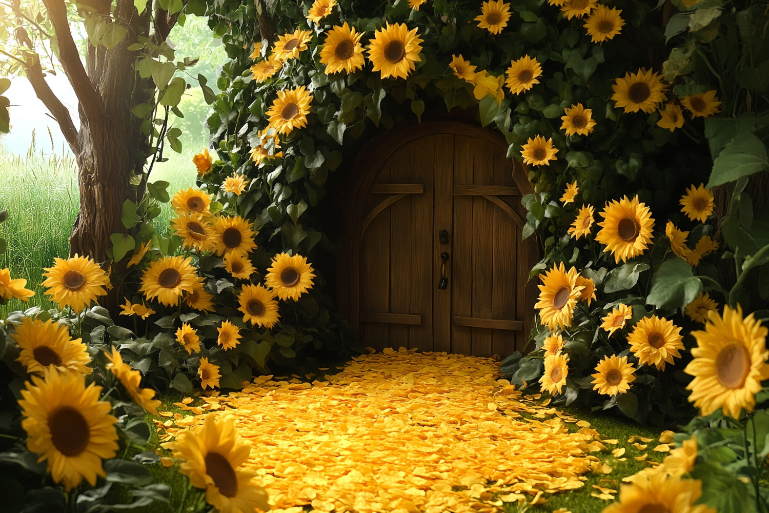 Sunflower Backdrop Cabin Doorway Petal Path Happy Thanksgiving Backdrop UK CSH58-130