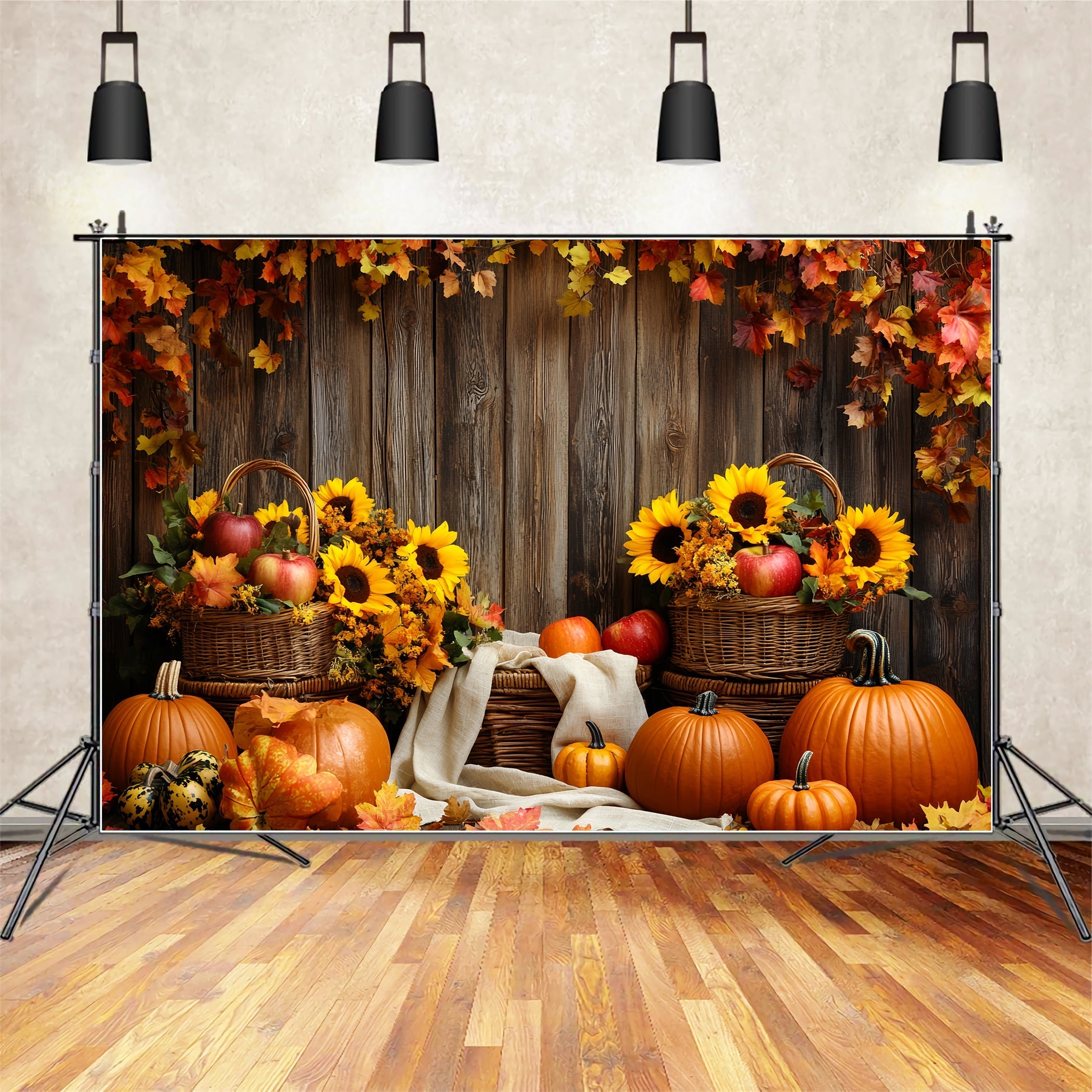 Rustic Backdrop Sunflower Apple Basket Pumpkins Thanksgiving Day Backdrop UK CSH58-139