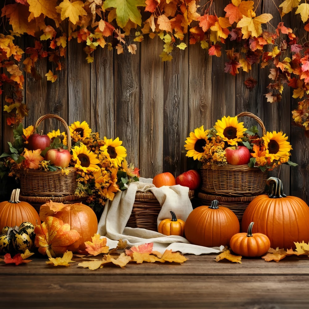 Rustic Backdrop Sunflower Apple Basket Pumpkins Thanksgiving Day Backdrop UK CSH58-139