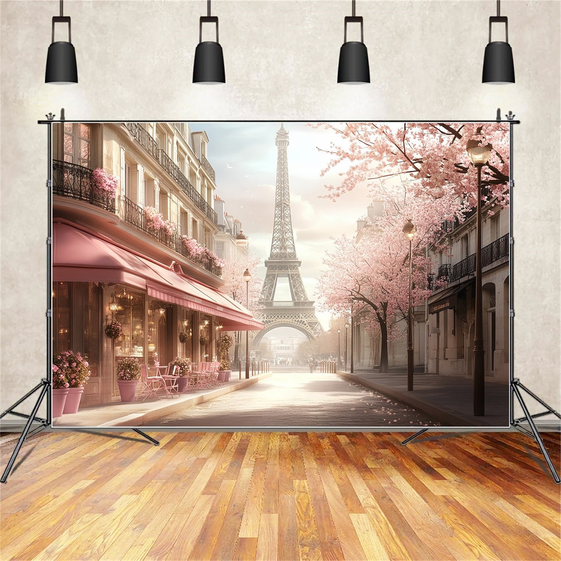 Eiffel Tower Backdrop Romantic Spring Pink Blossom Street Paris Cafe Photo Backdrop UK CSH58-14