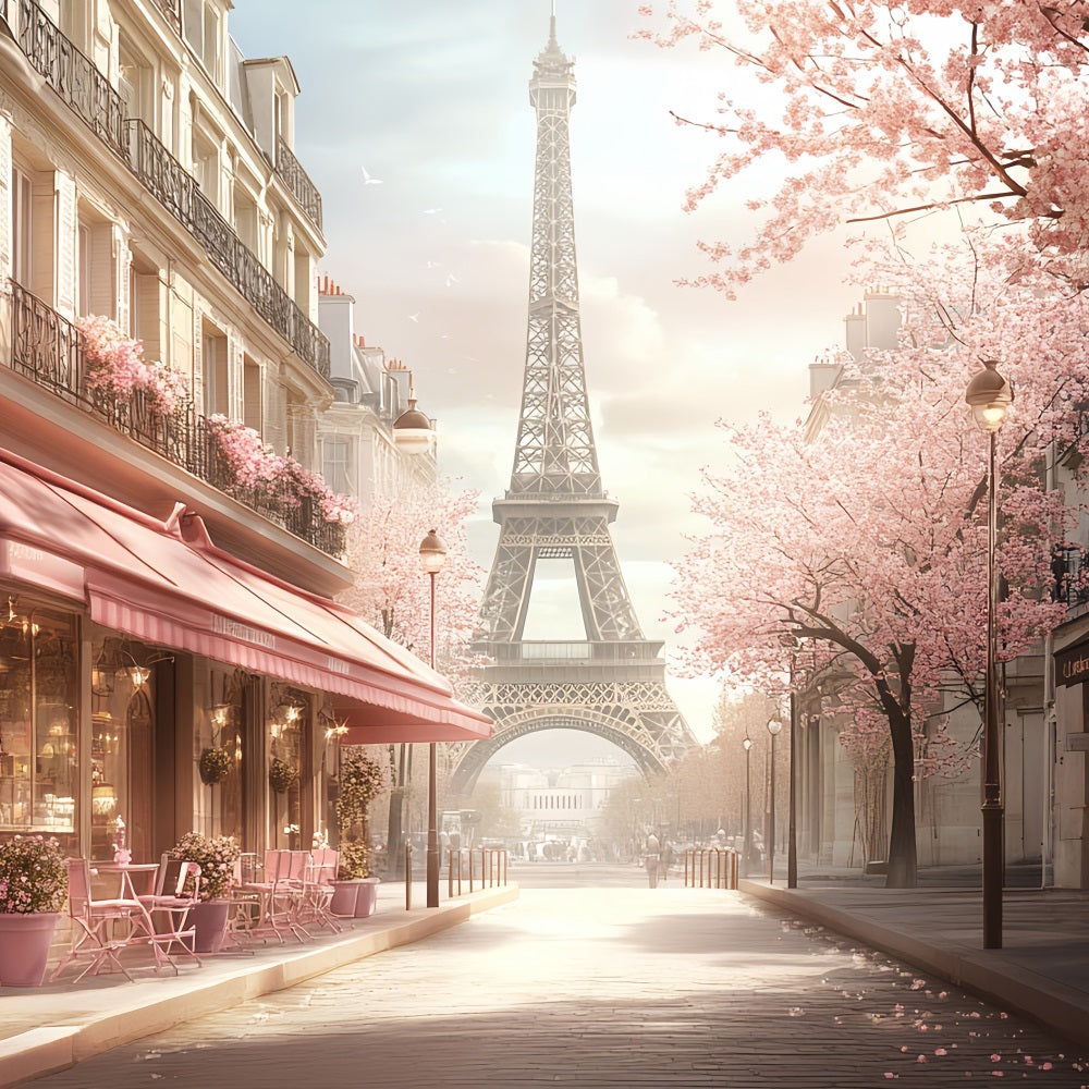 Eiffel Tower Backdrop Romantic Spring Pink Blossom Street Paris Cafe Photo Backdrop UK CSH58-14