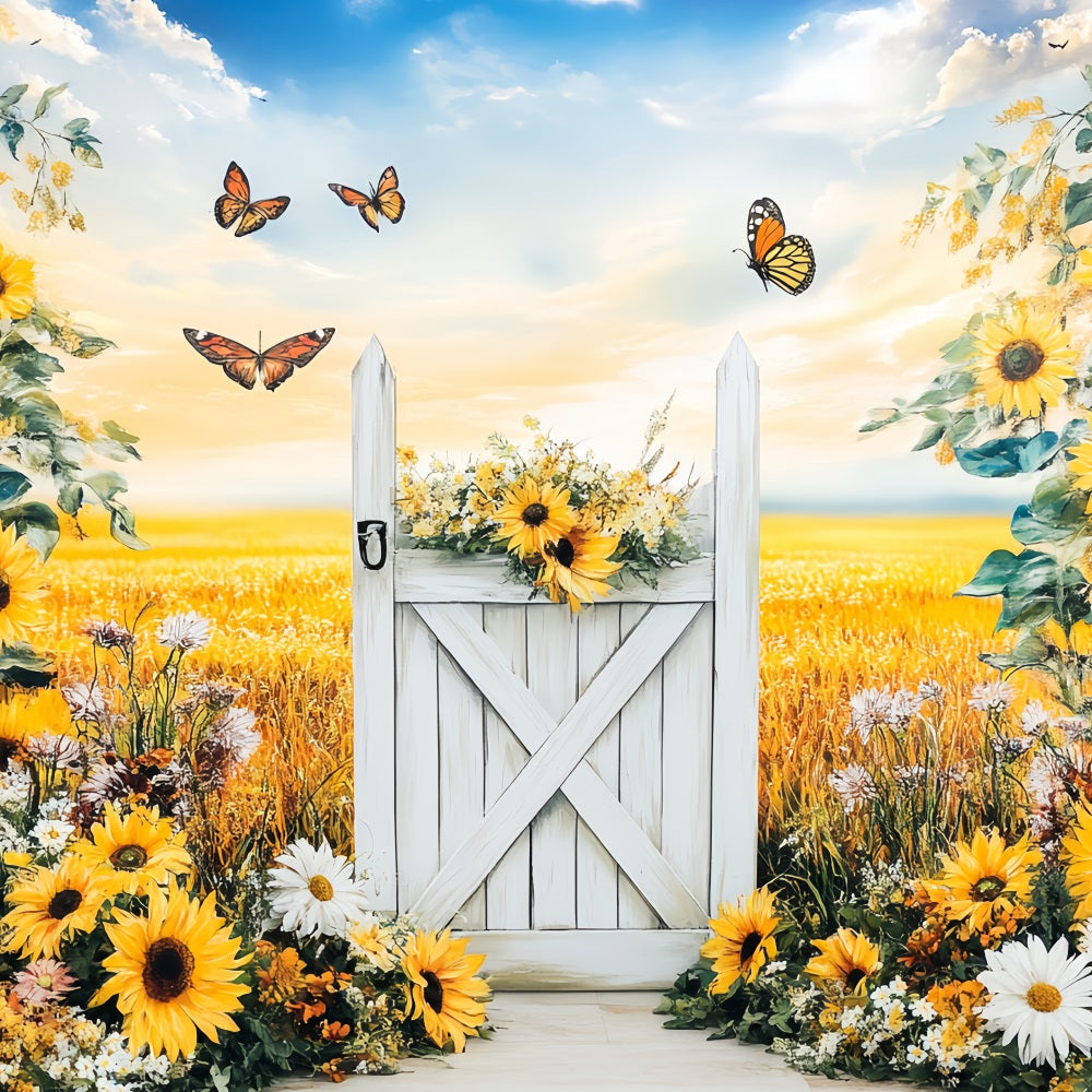 Rustic Backdrop Sunflower Meadow White Gate Thanksgiving Backdrop Ideas UK CSH58-140