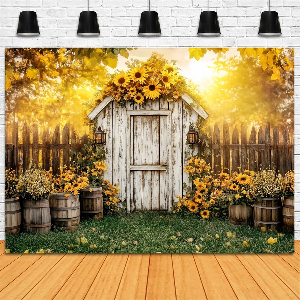 Rustic Backdrop Rustic Shed Sunflower Barrels Backdrop For Thanksgiving UK CSH58-141