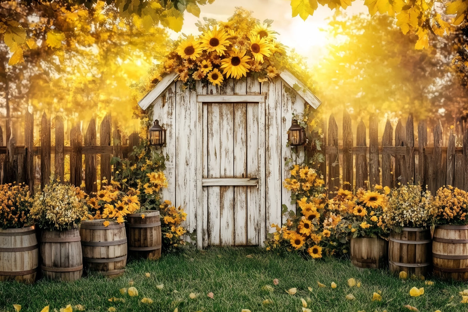 Rustic Backdrop Rustic Shed Sunflower Barrels Backdrop For Thanksgiving UK CSH58-141