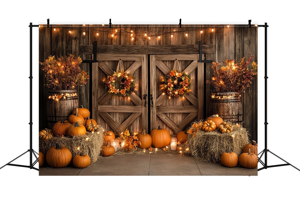 Autumn Rustic Backdrop Wooden Door Pumpkin Lights Fall Photoshoot Backdrop UK CSH58-224