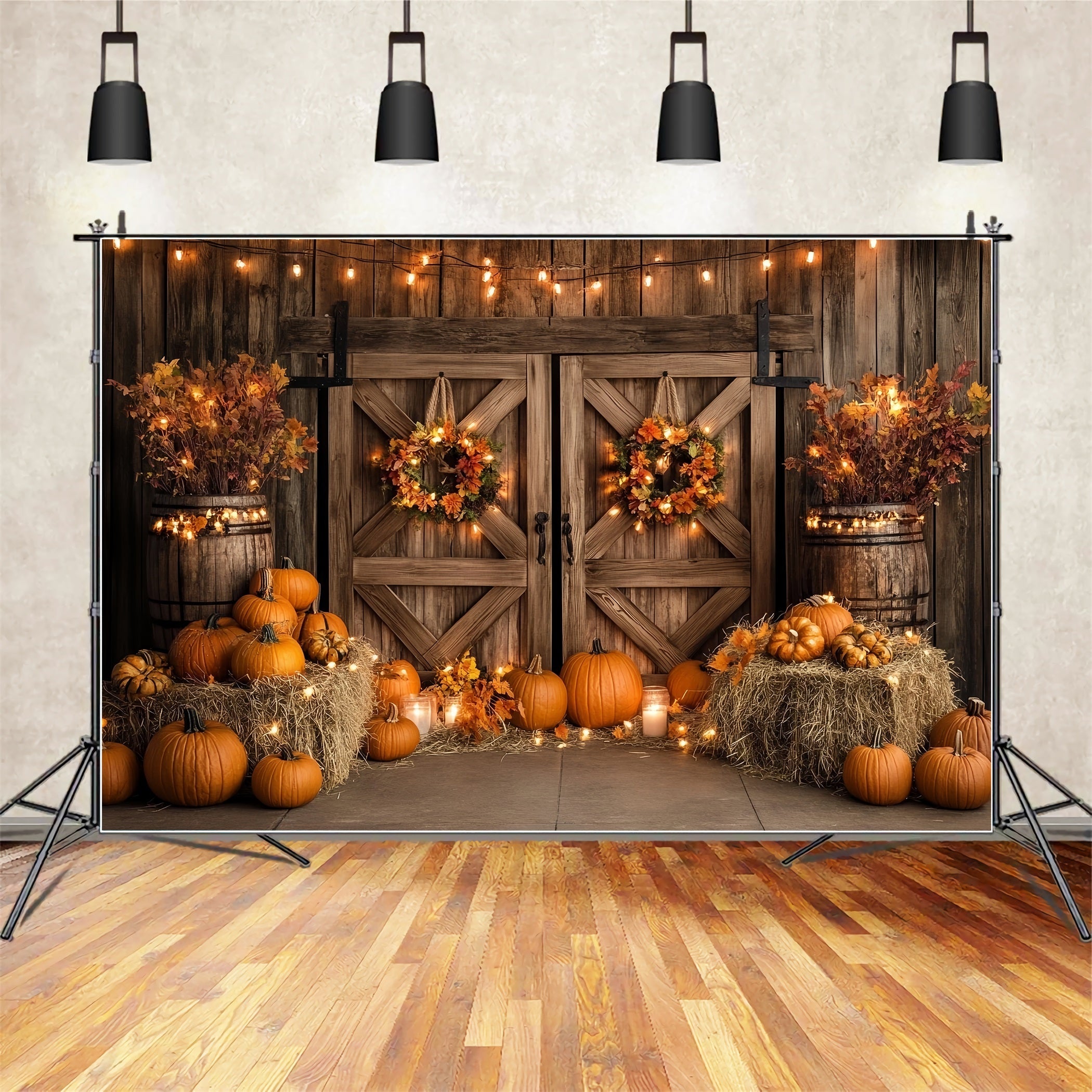 Autumn Rustic Backdrop Wooden Door Pumpkin Lights Fall Photoshoot Backdrop UK CSH58-224