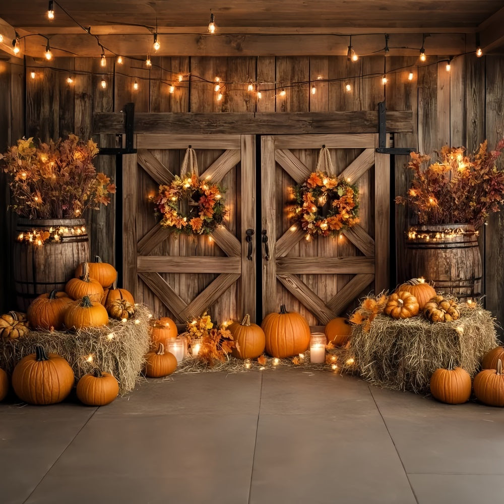 Autumn Rustic Backdrop Wooden Door Pumpkin Lights Fall Photoshoot Backdrop UK CSH58-224