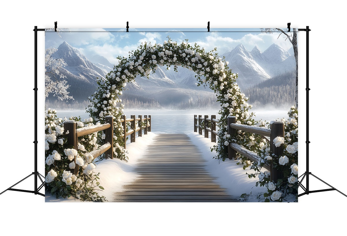 Winter Mountain Backdrop Snowy Rose Arch by Mountain Lake Winter scene Backdrop UK CSH58-23