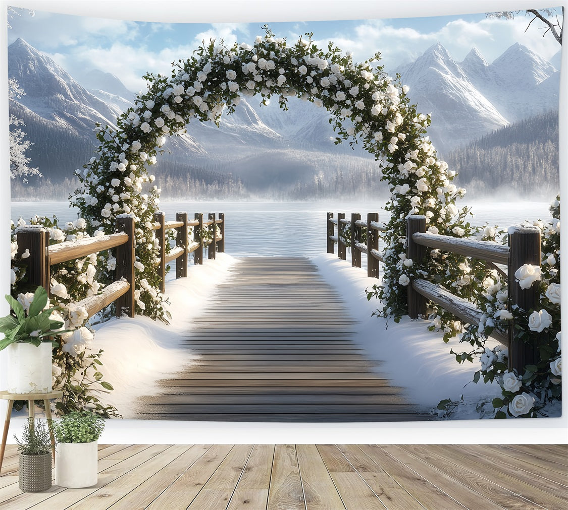 Winter Mountain Backdrop Snowy Rose Arch by Mountain Lake Winter scene Backdrop UK CSH58-23