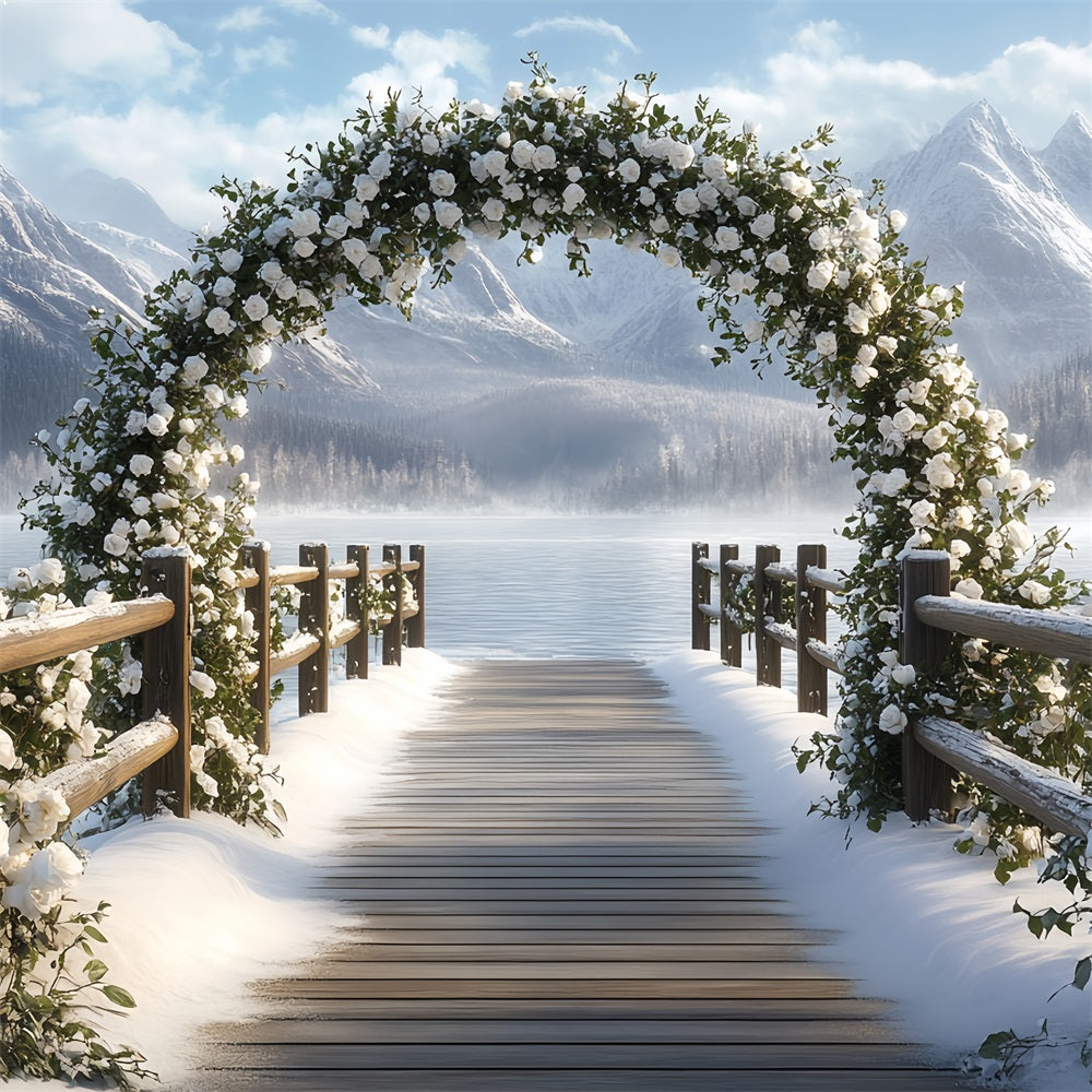 Winter Mountain Backdrop Snowy Rose Arch by Mountain Lake Winter scene Backdrop UK CSH58-23