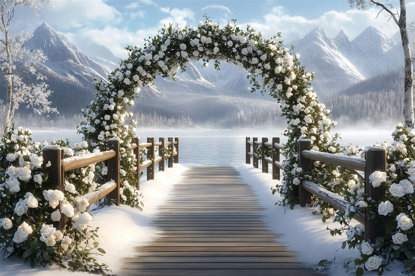 Winter Mountain Backdrop Snowy Rose Arch by Mountain Lake Winter scene Backdrop UK CSH58-23