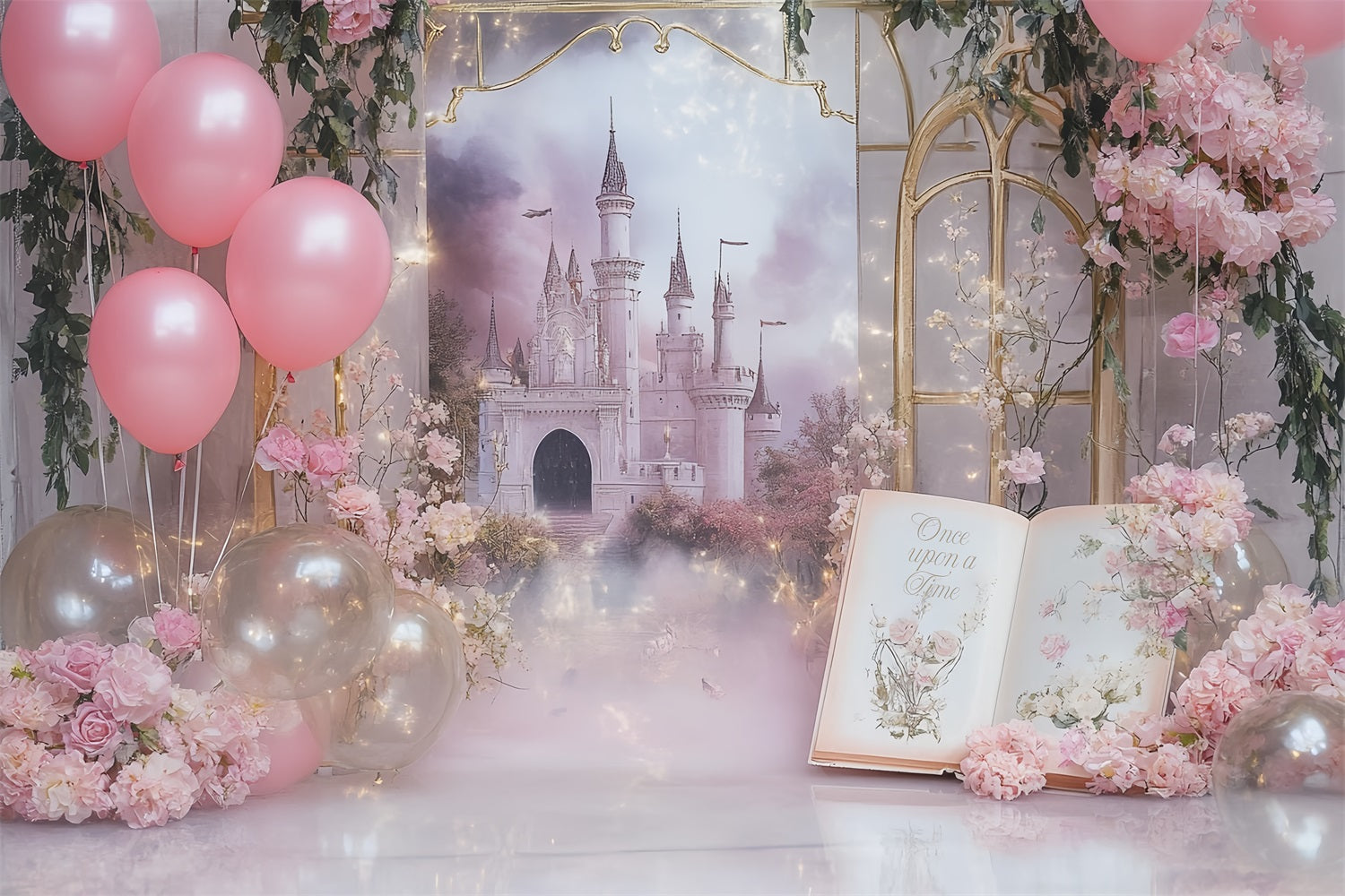 Once Upon a Time Backdrop Pink Castle Balloons Dreambook Newborn Backdrop UK CSH58-236