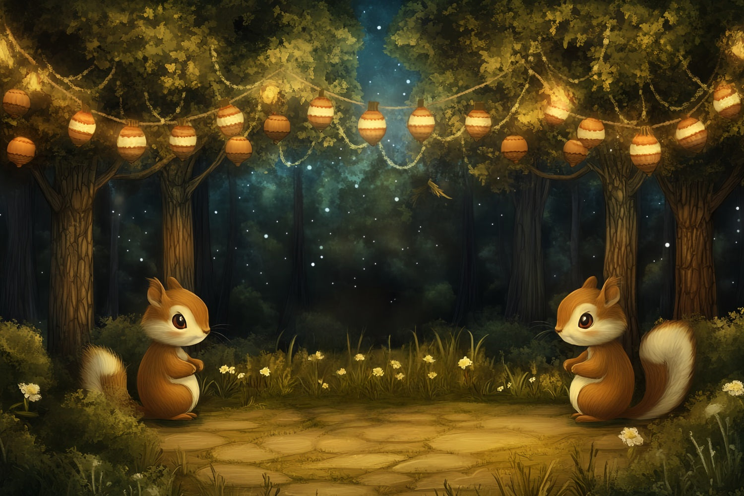 Newborn Cute Backdrop Forest Squirrel Lantern Night Newborn Backdrop UK CSH58-240